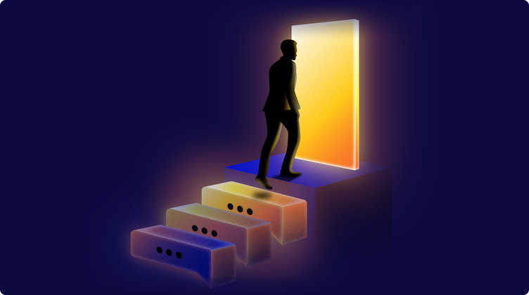 man walking up stairs through a glowing doorway, illustrating how well-designed artificial intelligence and conversational AI trends can guide customer interactions