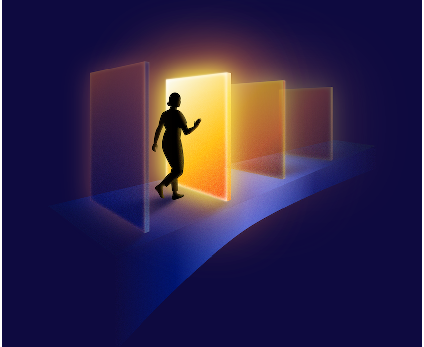 illustration of person walking through walls, representing key conversational AI trends from the State of Customer Conversations report that enhance customer experience